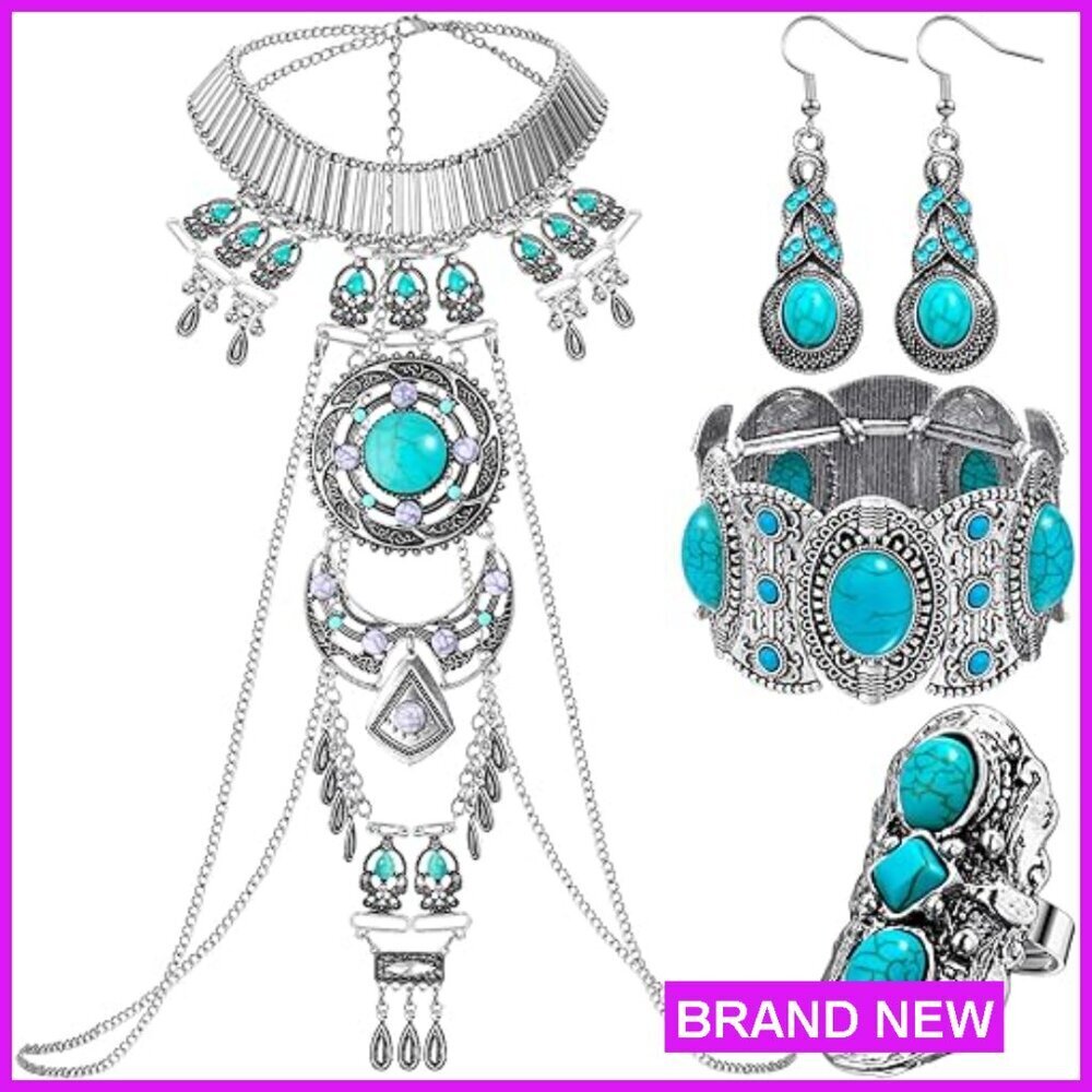 Boho Statement Jewelry Set Alloy Turquoise Necklace Earrings Bracelet Ring